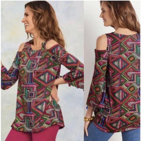 NEW Soft Surroundings Rocco Branco Top In Geometric Abstract Print sz Petite XS - Picture 1 of 10